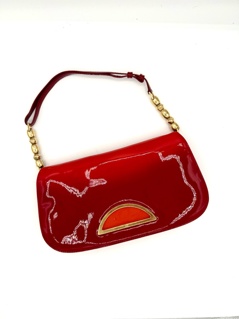 Dior Red Patent Leather Ombré Galliano Malice Shoulder Bag with Gold Bead Strap